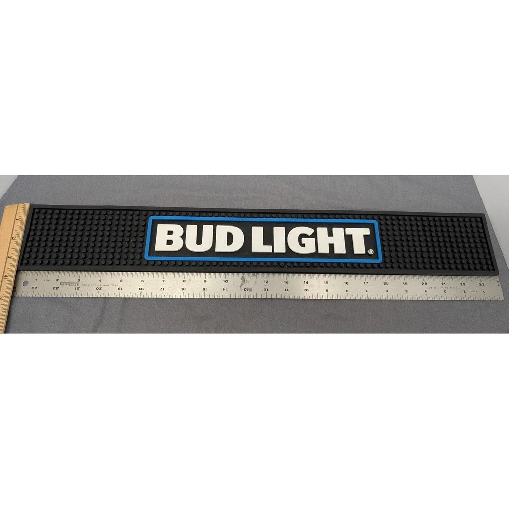 Bud Light Bar Rail Runner Mat 23.5x3.5 Black Blue Rubber Spill Mat Man Cave